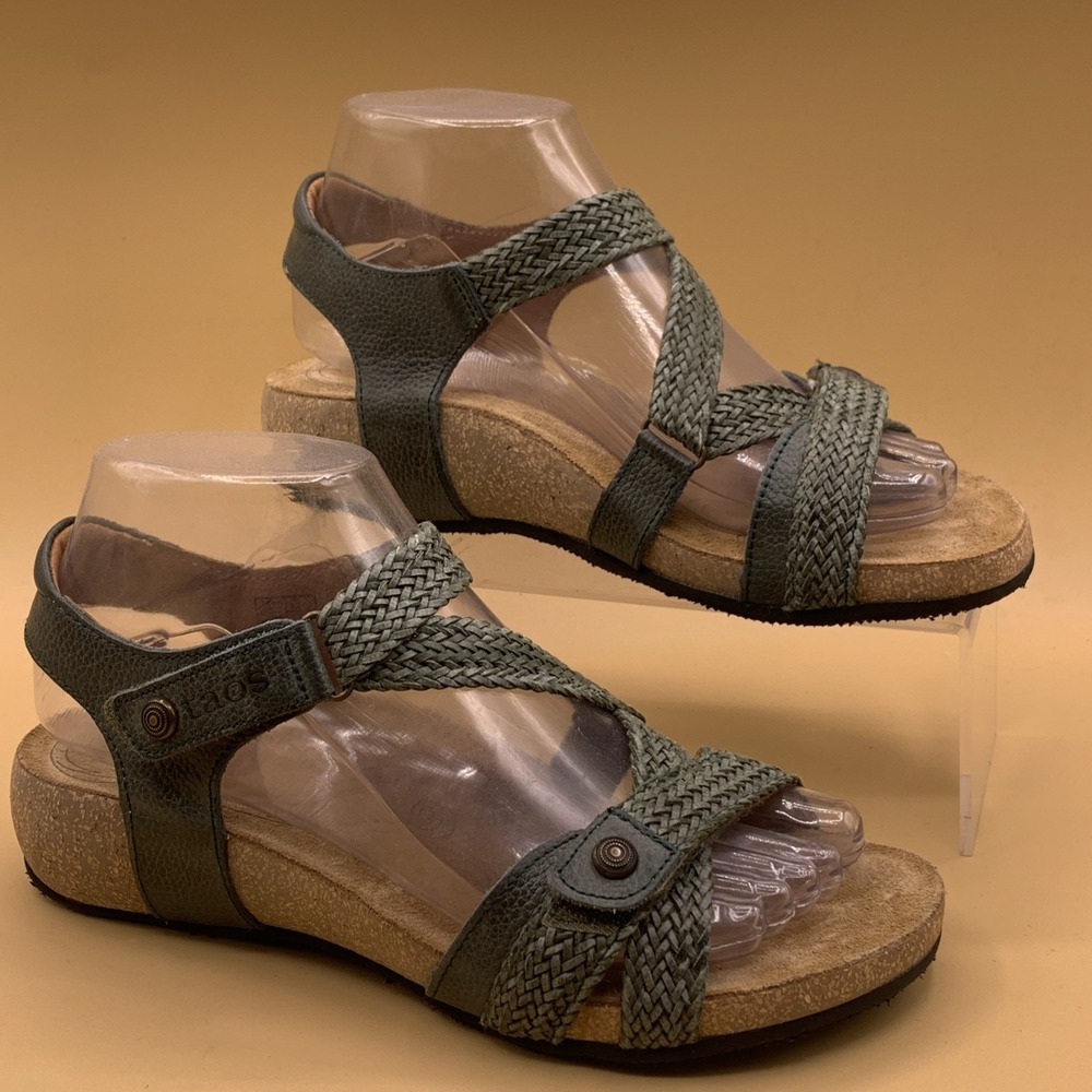 Taos Trulie Sandals Green Braided Leather Strappy Wedge Women's 6-6.5 Shoes